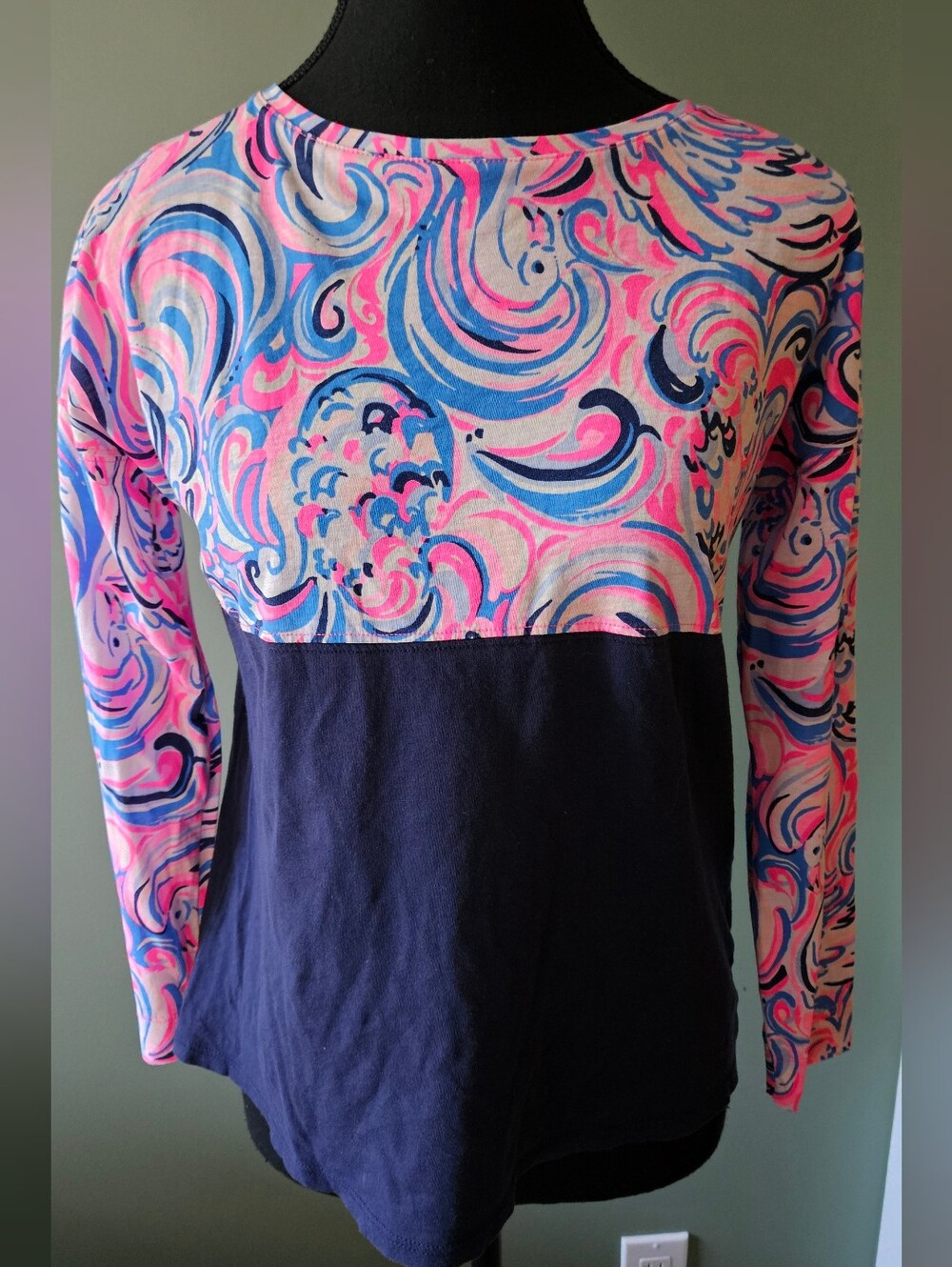 Girl's Navy and Pink Patterned Long-Sleeve Top
